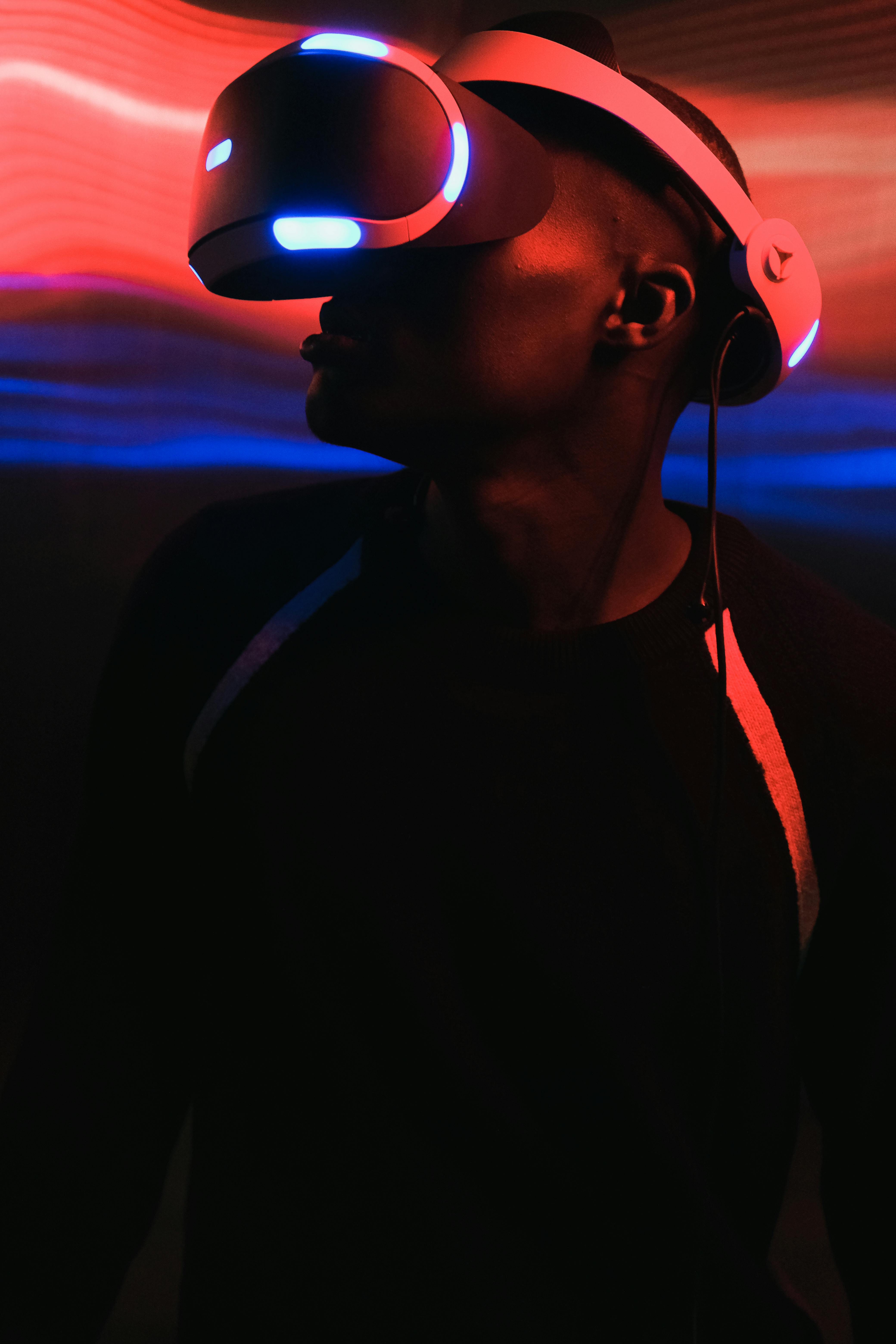 VR investor in neon metaverse environment